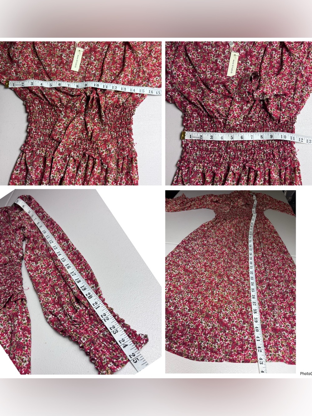 Max Studio Smocked Waist Midi Dress Red Floral Flowy V Neck Bow XS - Picture 10 of 10